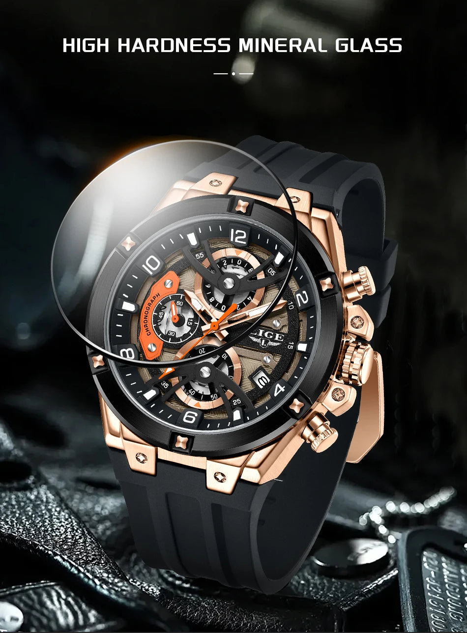 LIGE Outdoor Sports Quartz Man Watch Simple Fashion Auto Date Week Casual Luxury Silicone Belt Hollow Waterproof Watches for Men