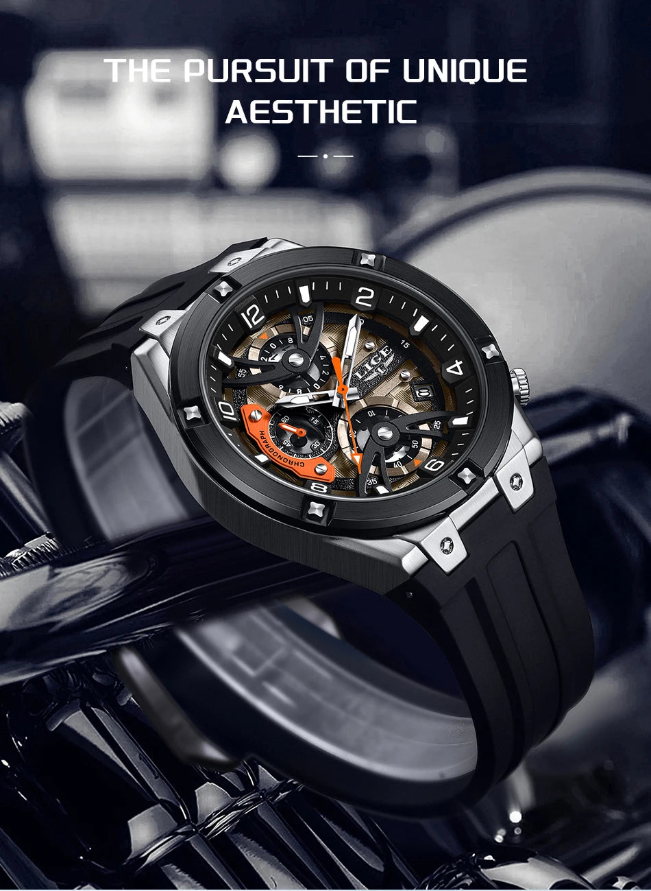LIGE Outdoor Sports Quartz Man Watch Simple Fashion Auto Date Week Casual Luxury Silicone Belt Hollow Waterproof Watches for Men