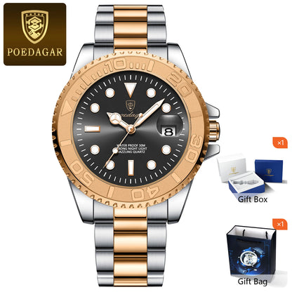 POEDAGAR Fashion Male Watch Luminous Waterproof Stainless Steel Men Wristwatch Date Business Quartz Men's Watches with Gift Box