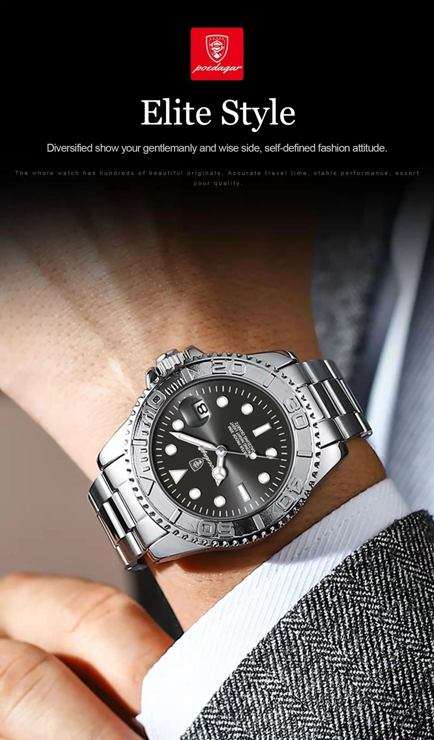 POEDAGAR Fashion Male Watch Luminous Waterproof Stainless Steel Men Wristwatch Date Business Quartz Men's Watches with Gift Box