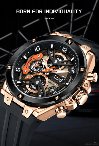 LIGE Outdoor Sports Quartz Man Watch Simple Fashion Auto Date Week Casual Luxury Silicone Belt Hollow Waterproof Watches for Men