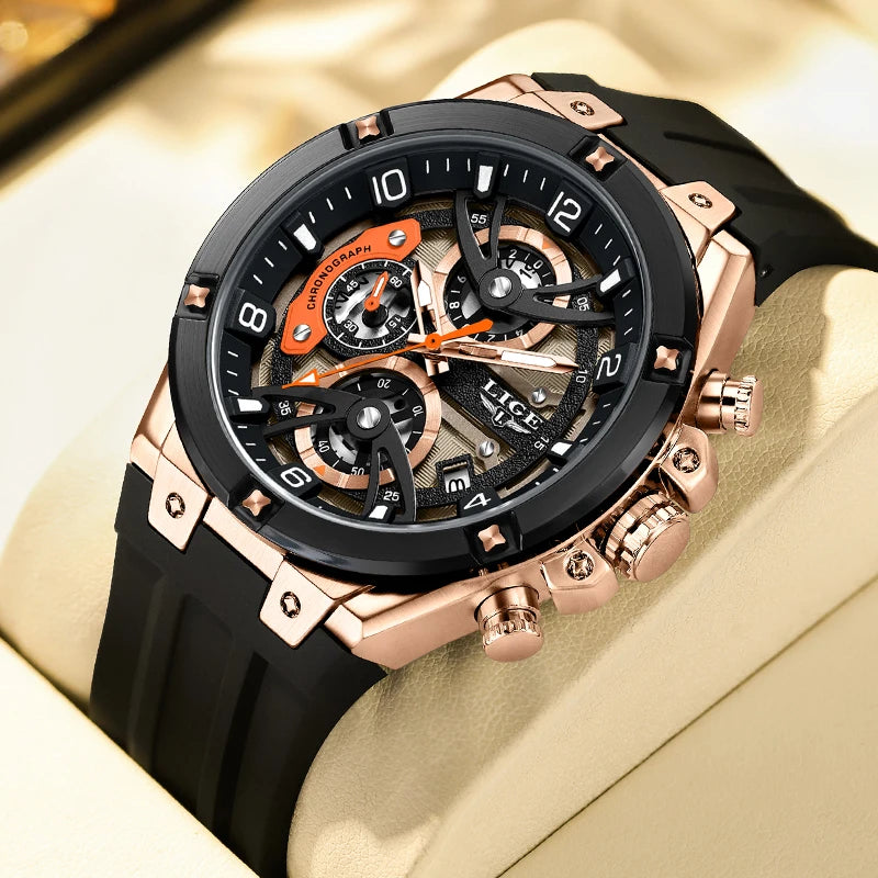 LIGE Outdoor Sports Quartz Man Watch Simple Fashion Auto Date Week Casual Luxury Silicone Belt Hollow Waterproof Watches for Men