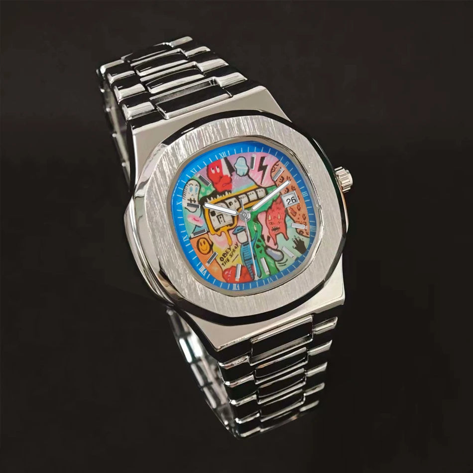Oval Art Dial Watch - Silver