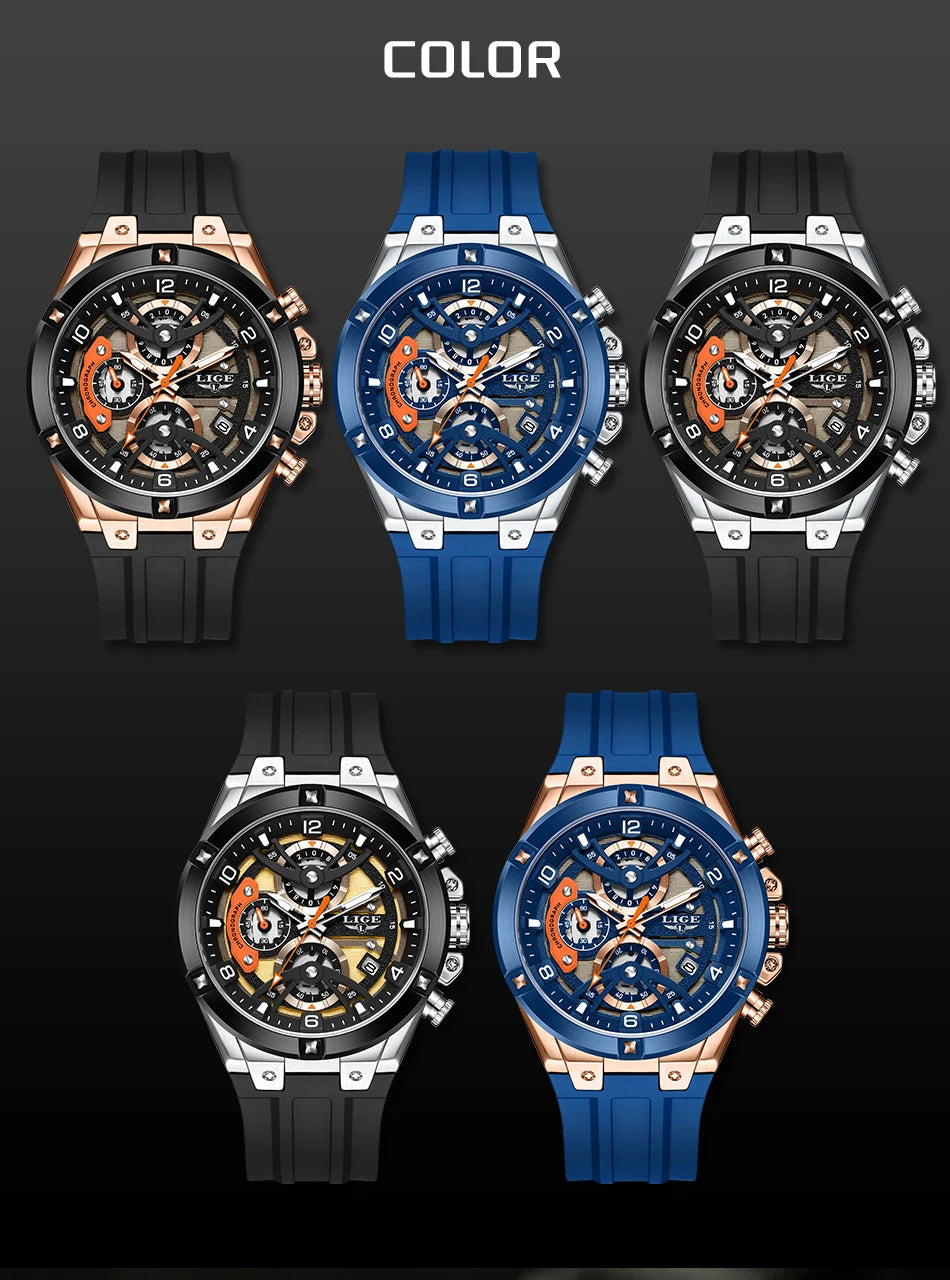 LIGE Outdoor Sports Quartz Man Watch Simple Fashion Auto Date Week Casual Luxury Silicone Belt Hollow Waterproof Watches for Men