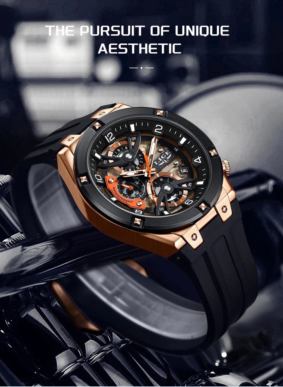LIGE Outdoor Sports Quartz Man Watch Simple Fashion Auto Date Week Casual Luxury Silicone Belt Hollow Waterproof Watches for Men