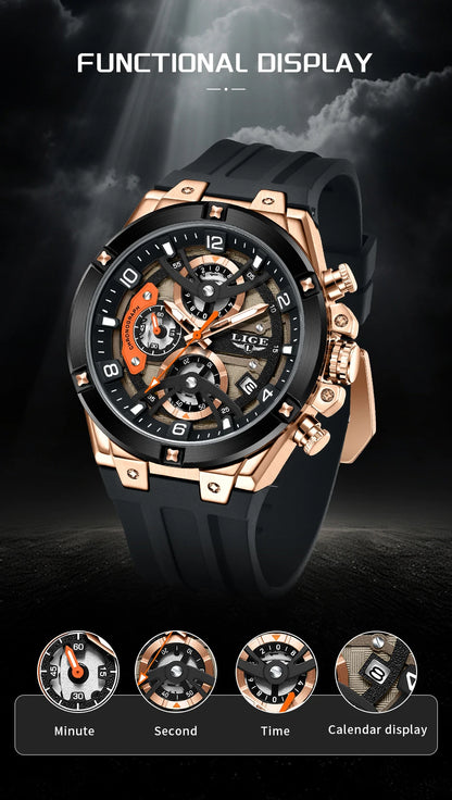 LIGE Outdoor Sports Quartz Man Watch Simple Fashion Auto Date Week Casual Luxury Silicone Belt Hollow Waterproof Watches for Men