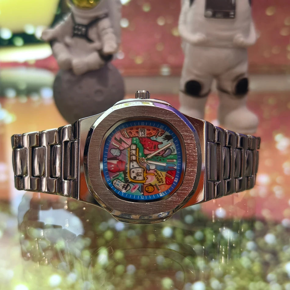 Oval Art Dial Watch - Silver