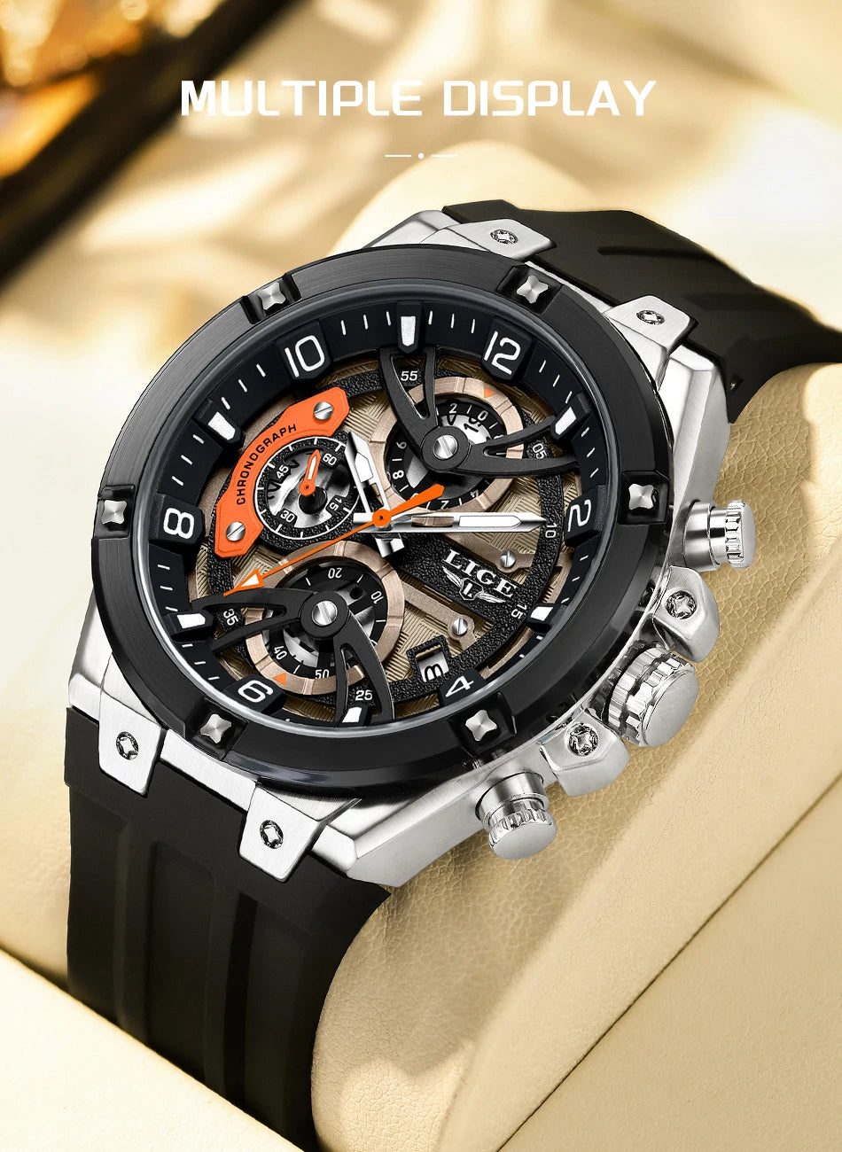 LIGE Outdoor Sports Quartz Man Watch Simple Fashion Auto Date Week Casual Luxury Silicone Belt Hollow Waterproof Watches for Men