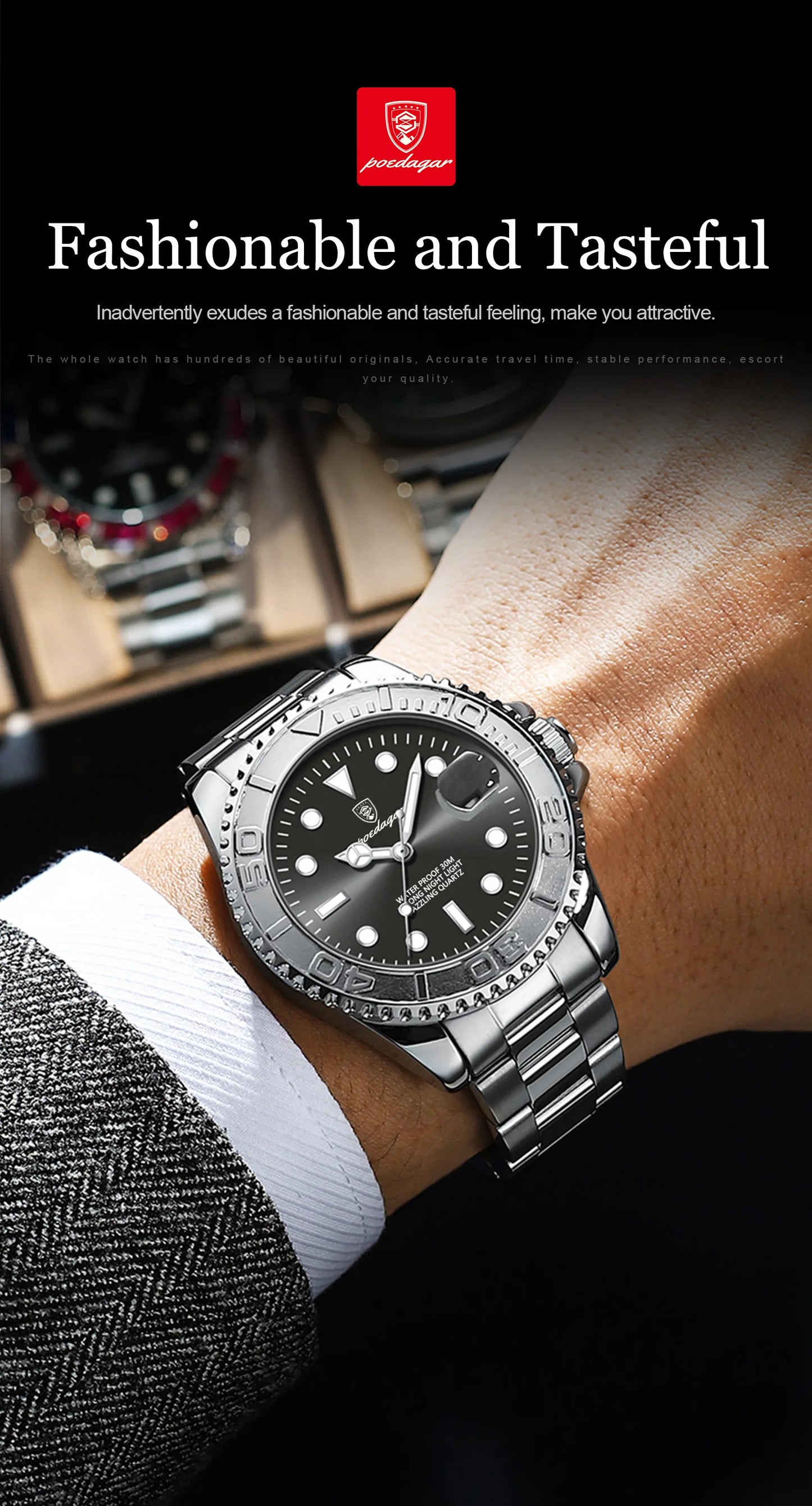 POEDAGAR Fashion Male Watch Luminous Waterproof Stainless Steel Men Wristwatch Date Business Quartz Men's Watches with Gift Box