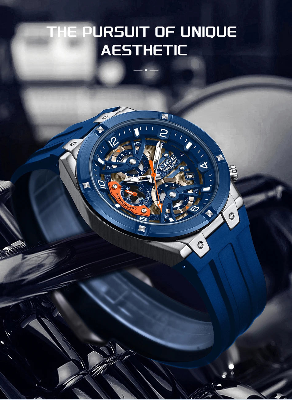 LIGE Outdoor Sports Quartz Man Watch Simple Fashion Auto Date Week Casual Luxury Silicone Belt Hollow Waterproof Watches for Men