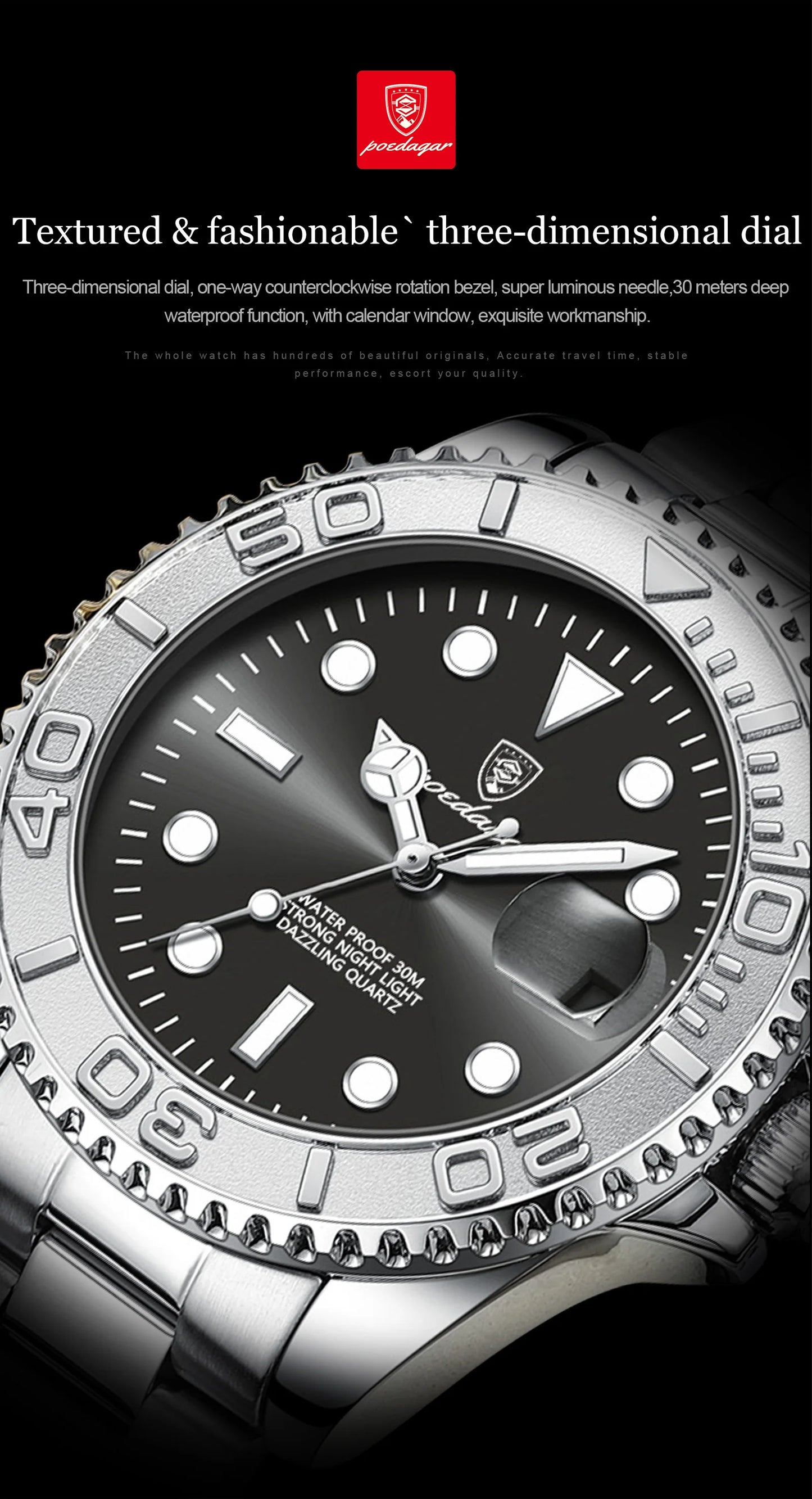 POEDAGAR Fashion Male Watch Luminous Waterproof Stainless Steel Men Wristwatch Date Business Quartz Men's Watches with Gift Box