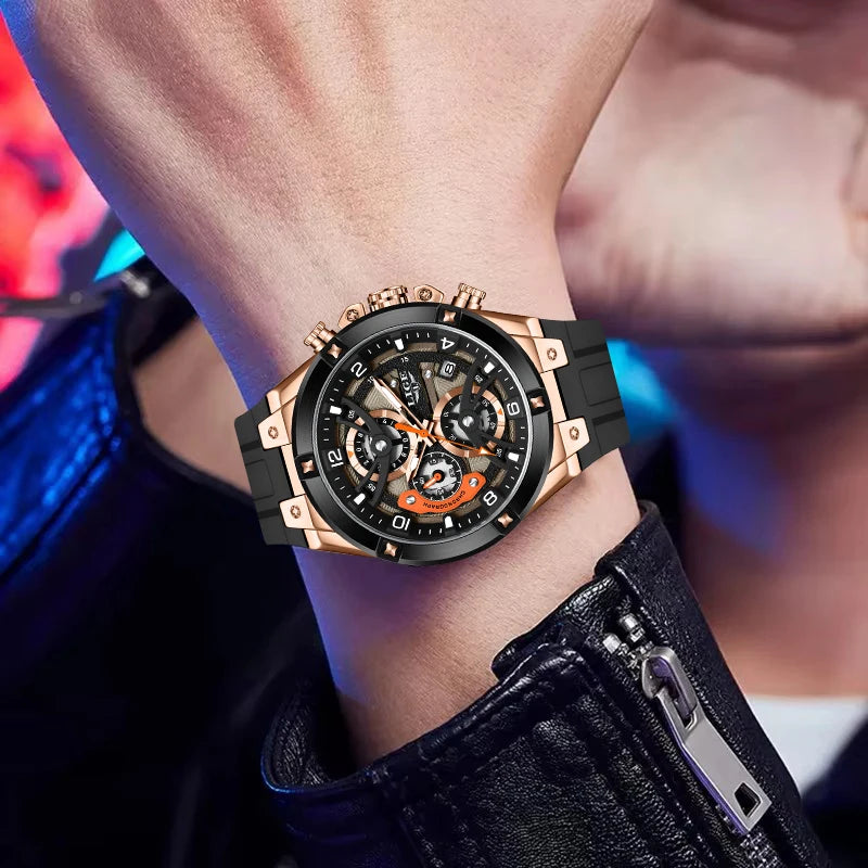 LIGE Outdoor Sports Quartz Man Watch Simple Fashion Auto Date Week Casual Luxury Silicone Belt Hollow Waterproof Watches for Men