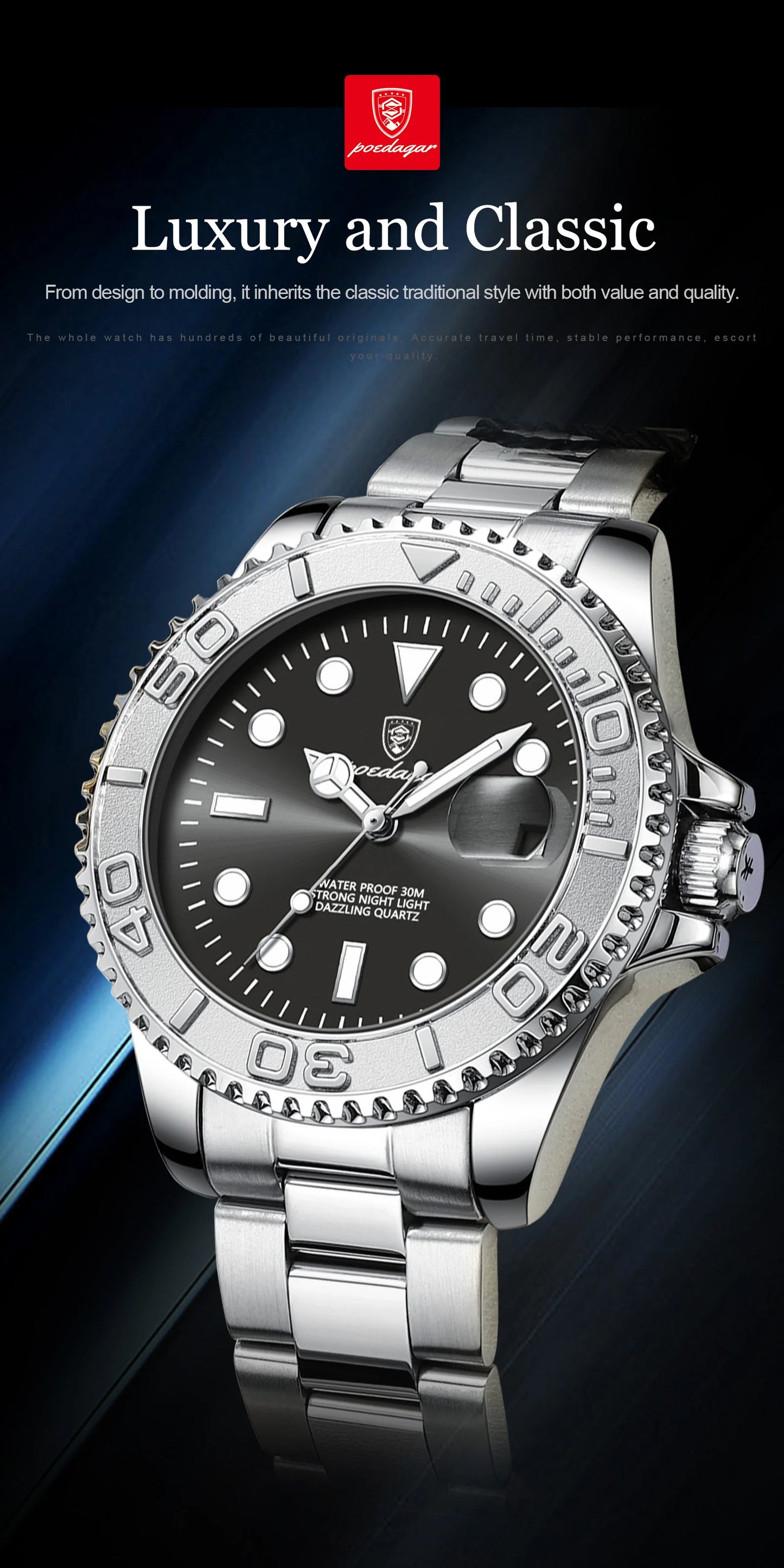 POEDAGAR Fashion Male Watch Luminous Waterproof Stainless Steel Men Wristwatch Date Business Quartz Men's Watches with Gift Box