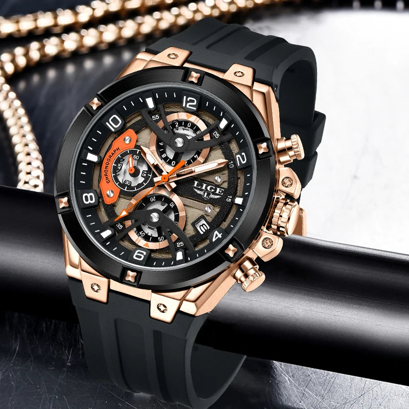 LIGE Outdoor Sports Quartz Man Watch Simple Fashion Auto Date Week Casual Luxury Silicone Belt Hollow Waterproof Watches for Men