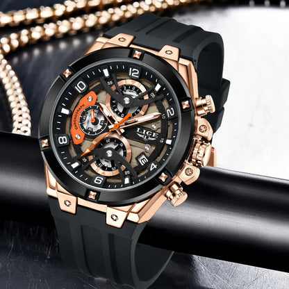 LIGE Outdoor Sports Quartz Man Watch Simple Fashion Auto Date Week Casual Luxury Silicone Belt Hollow Waterproof Watches for Men