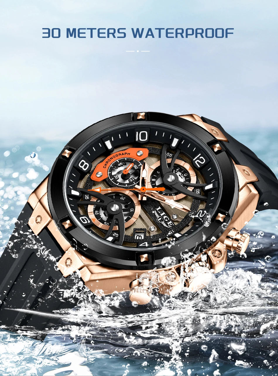 LIGE Outdoor Sports Quartz Man Watch Simple Fashion Auto Date Week Casual Luxury Silicone Belt Hollow Waterproof Watches for Men