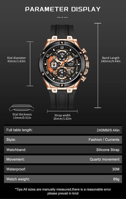 LIGE Outdoor Sports Quartz Man Watch Simple Fashion Auto Date Week Casual Luxury Silicone Belt Hollow Waterproof Watches for Men